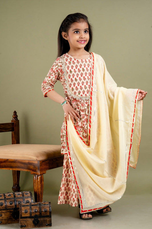 Jaipur Print Kurta Sharara with Dupatta Set-Brown - Mitthu Kids Ethnic Wear