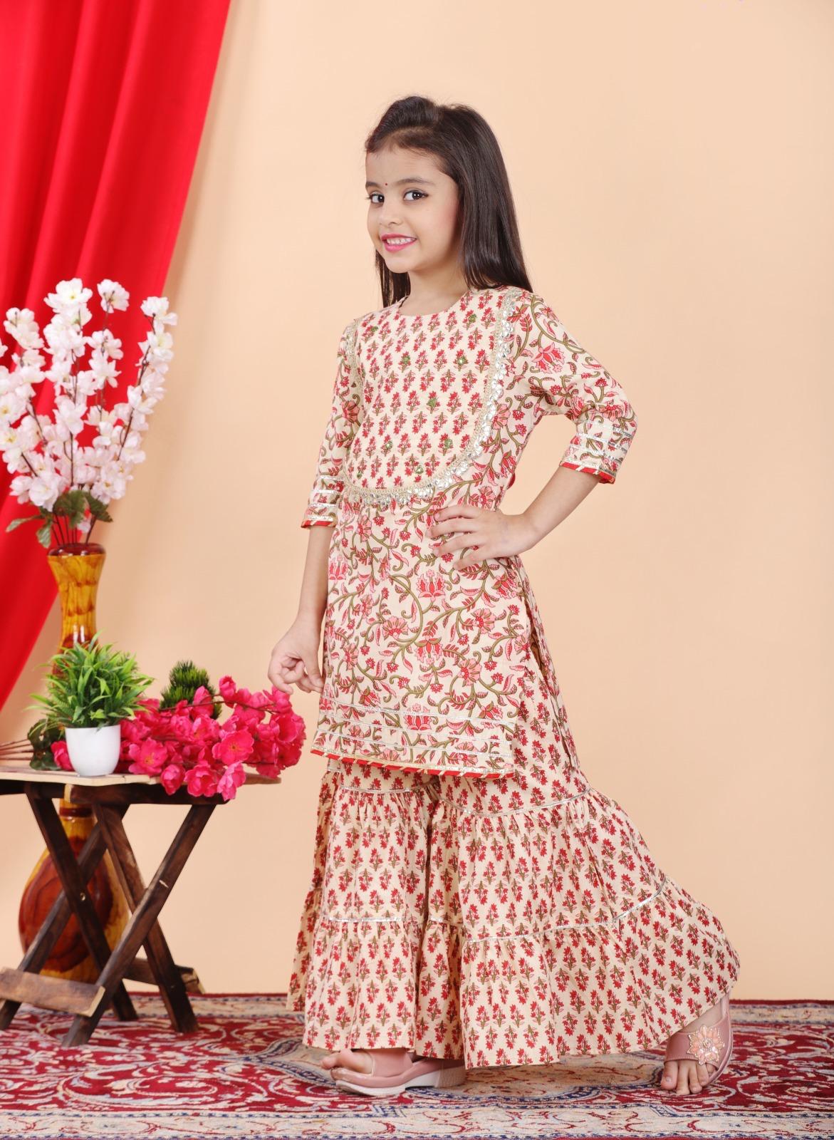 Jaipur Print Kurta Sharara with Dupatta Set-Brown - Mitthu Kids Ethnic Wear
