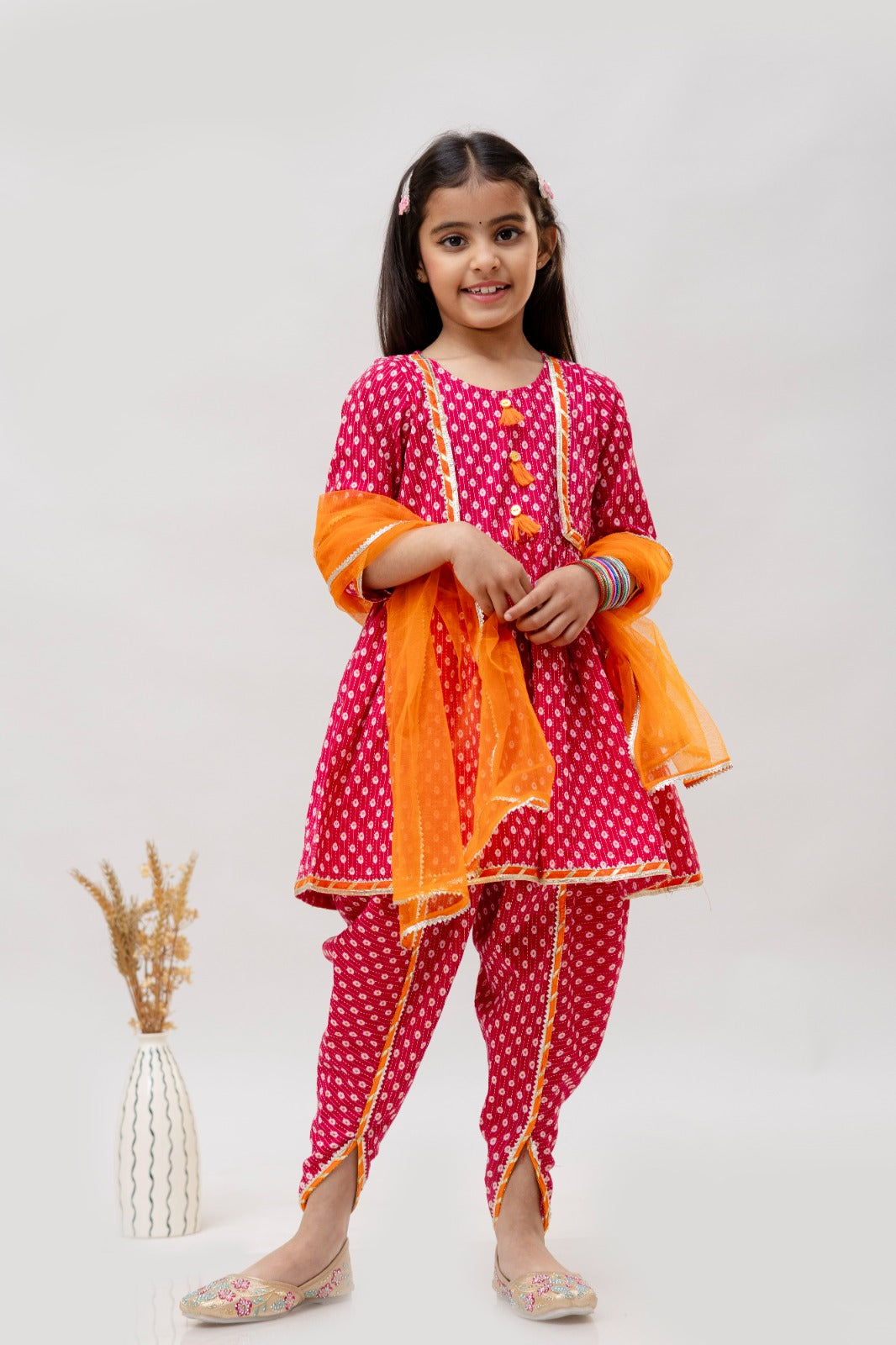 Jaipur Print Kurti with Dhoti Pants and Dupatta-Hot Pink - Mitthu Kids Ethnic Wear