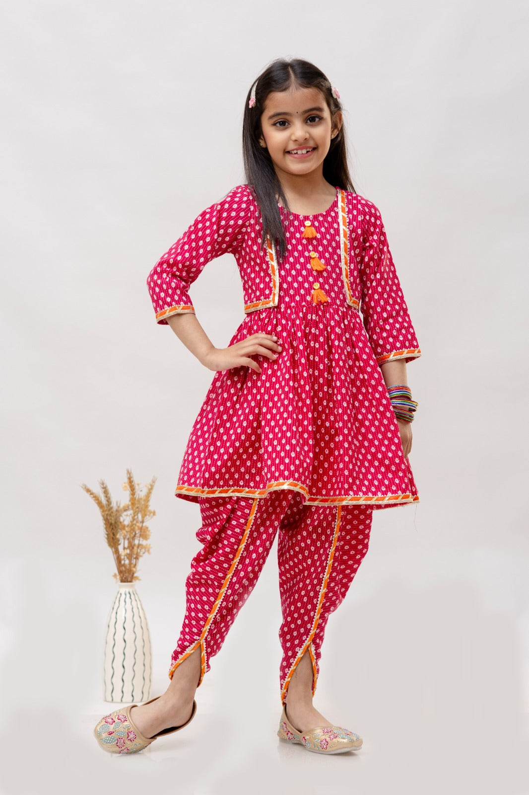 Jaipur Print Kurti with Dhoti Pants and Dupatta-Hot Pink - Mitthu Kids Ethnic Wear