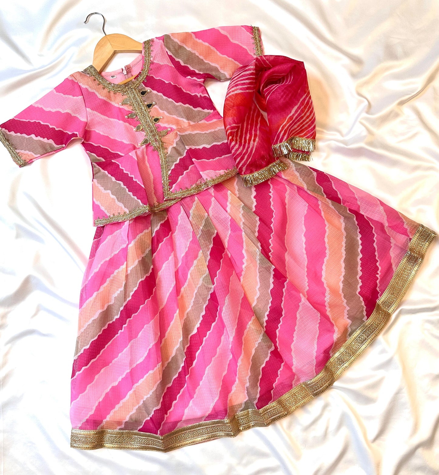 Girls Jaipuri Kota Doriya Lehenga Set with Dupatta - Pink