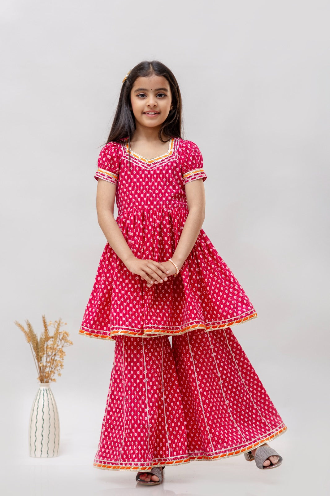 Jaipur Print Kurta Sharara with Dupatta Set-Pink - Mitthu Kids Ethnic Wear