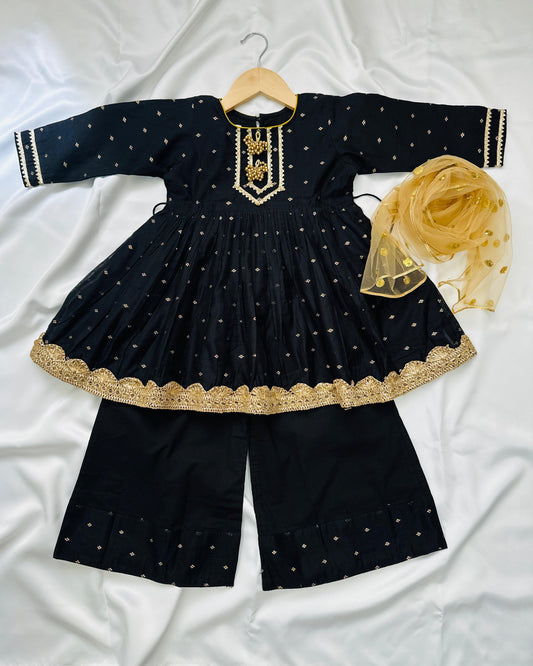 Girls Chanderi Silk Frock Style Kameez with Plazzo & Dupatta - Black & Gold - Mitthu Kids Ethnic Wear