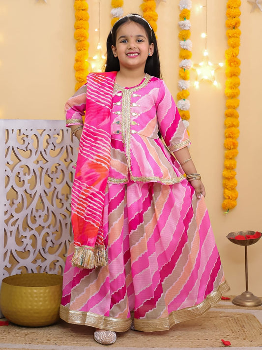 Girls Jaipuri Kota Doriya Lehenga Set with Dupatta - Pink