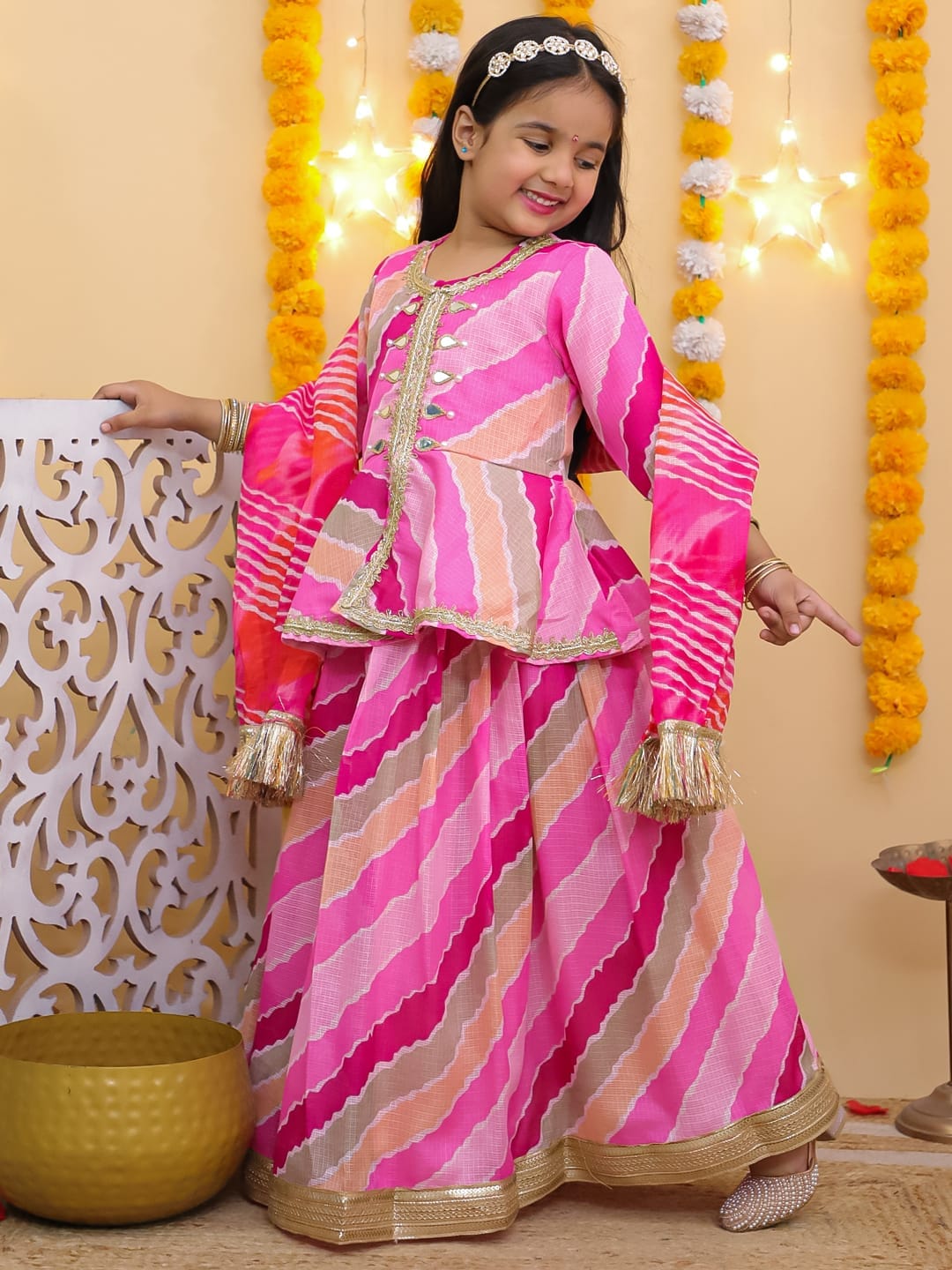 Girls Jaipuri Kota Doriya Lehenga Set with Dupatta - Pink
