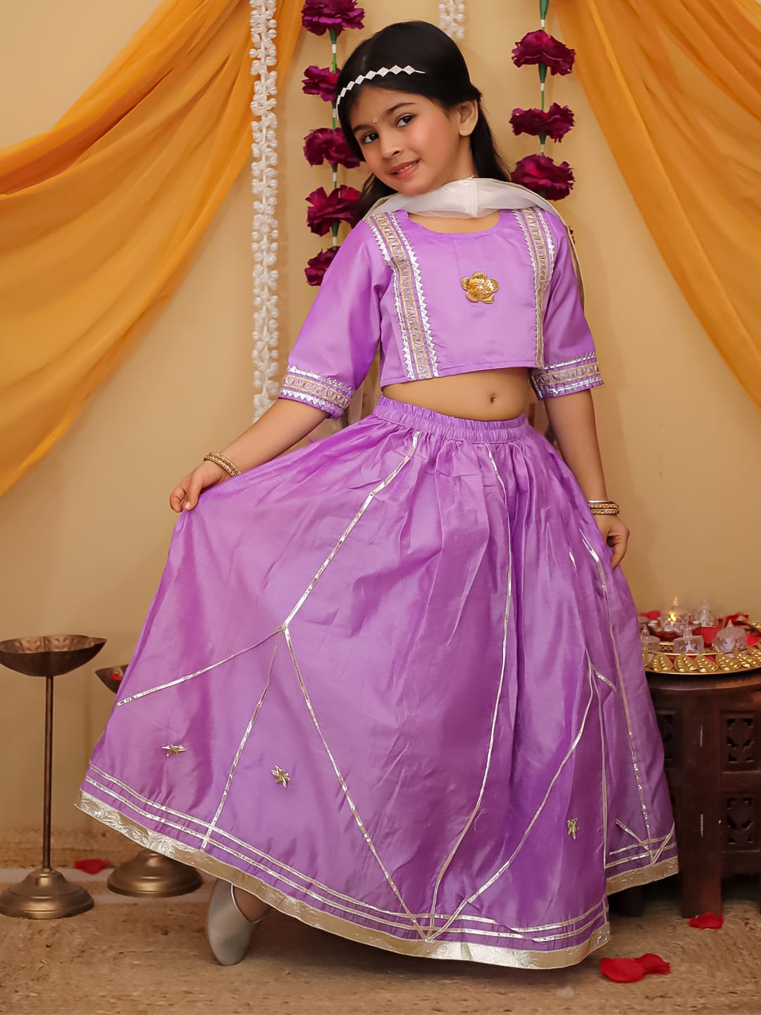Girls Gota Work Lehenga Set with Dupatta - Lavender