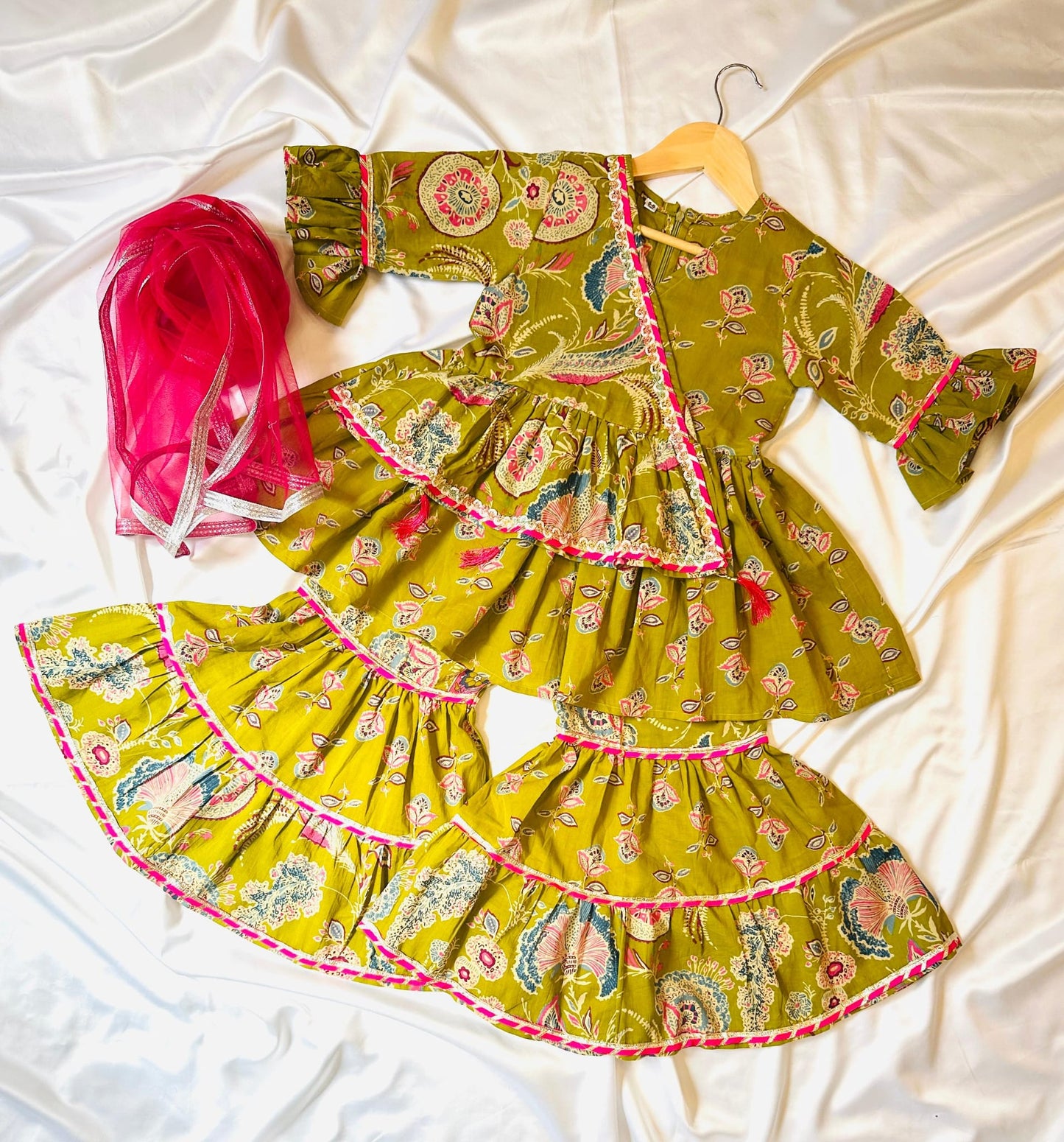 Girls Jaipuri Cotton Sharara Set with Dupatta - Green