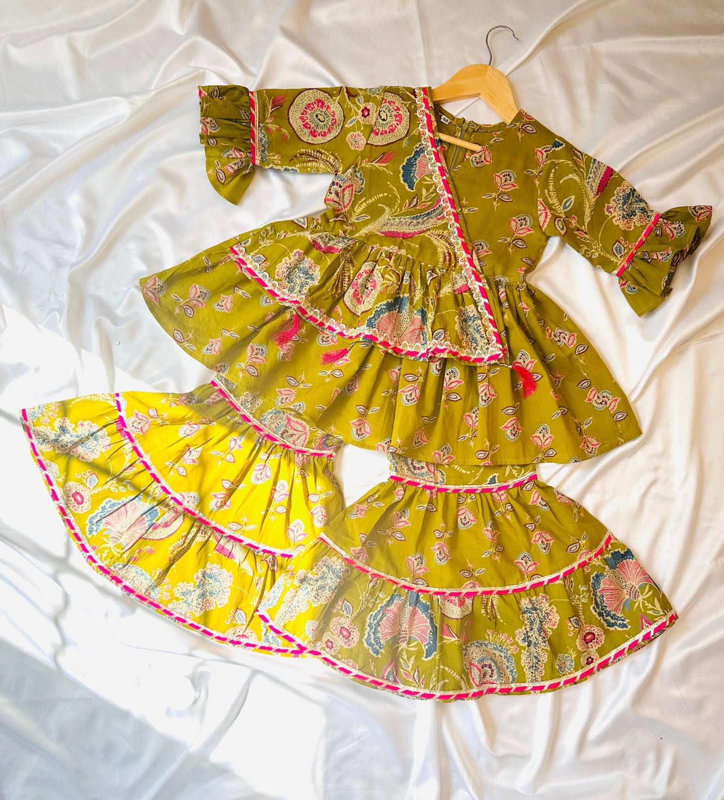 Girls Jaipuri Cotton Sharara Set with Dupatta - Green