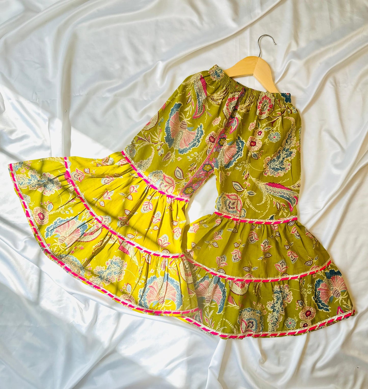 Girls Jaipuri Cotton Sharara Set with Dupatta - Green