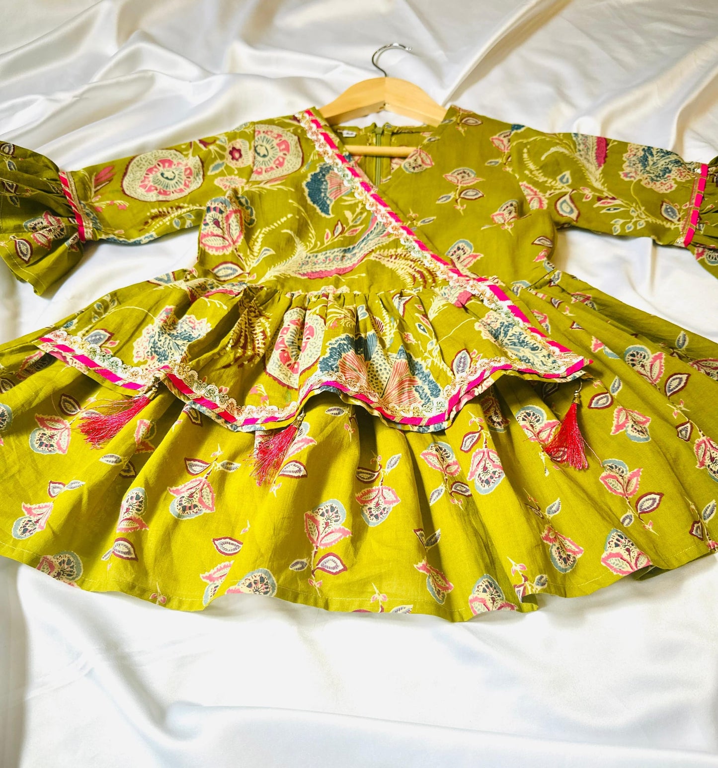 Girls Jaipuri Cotton Sharara Set with Dupatta - Green