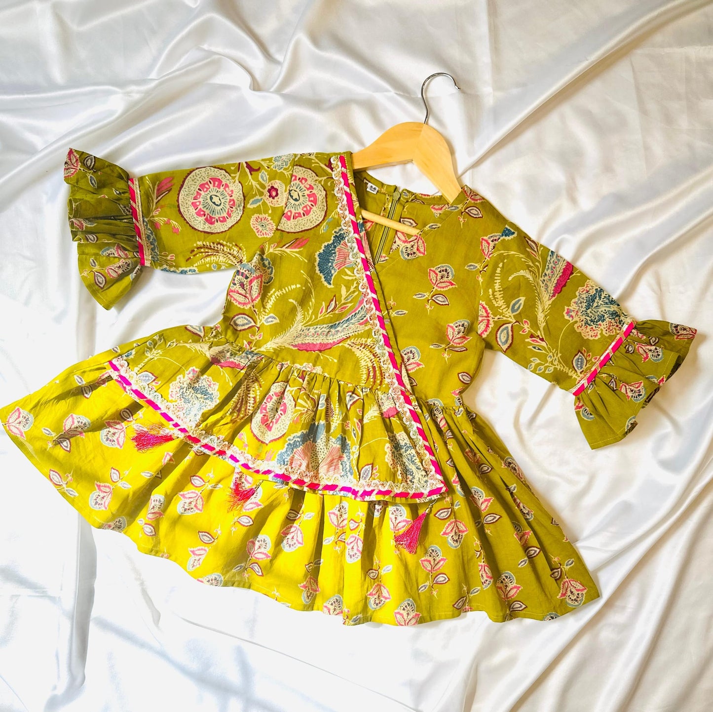 Girls Jaipuri Cotton Sharara Set with Dupatta - Green