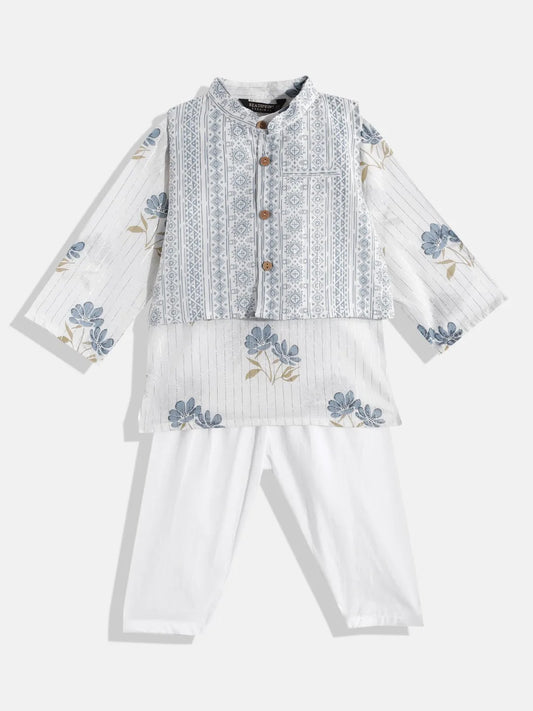 White & blue cotton Kurta Pyjama with Nehru jacket for toddlers & boys. Perfect for Eid, Holi, Diwali & festive occasions.