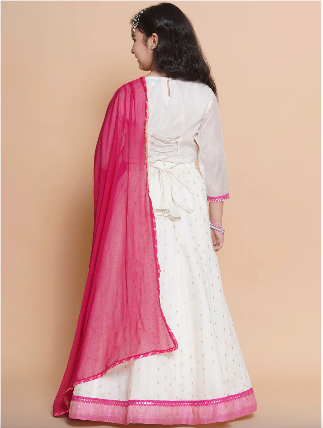 Girls White & Pink Embroidered Lehenga Choli with Dupatta - Mitthu Kids Ethnic Wear