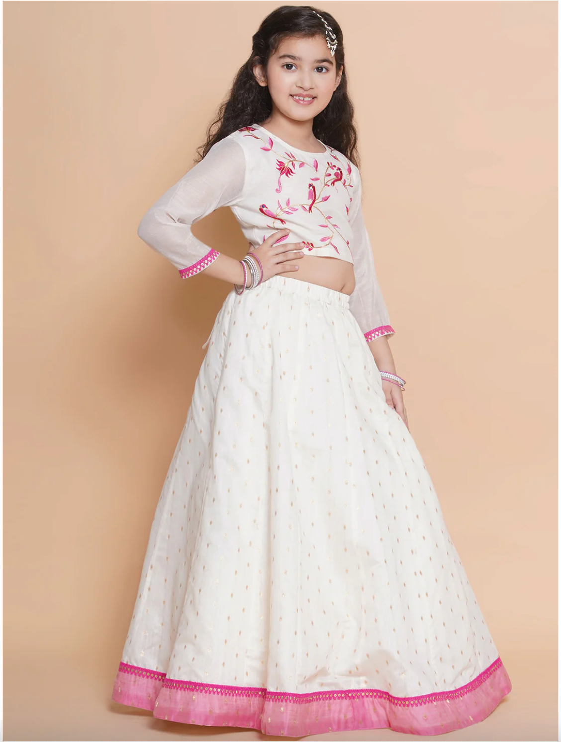 Girls White & Pink Embroidered Lehenga Choli with Dupatta - Mitthu Kids Ethnic Wear