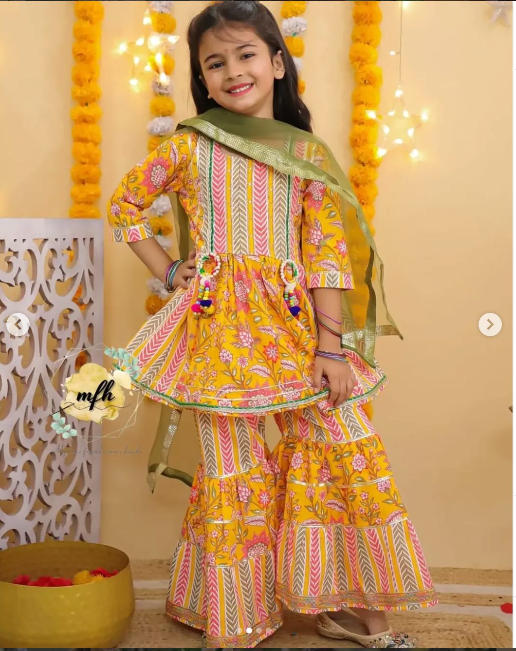 Girls Jaipuri Cotton Sharara Set with Dupatta - Yellow