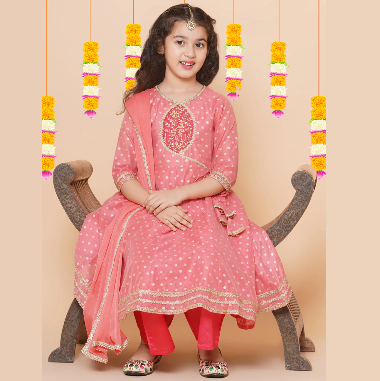 Girls Peach Self design Booti Angrakha Gotta Patti Kurta & with Trouser & Dupatta - Mitthu Kids Ethnic Wear