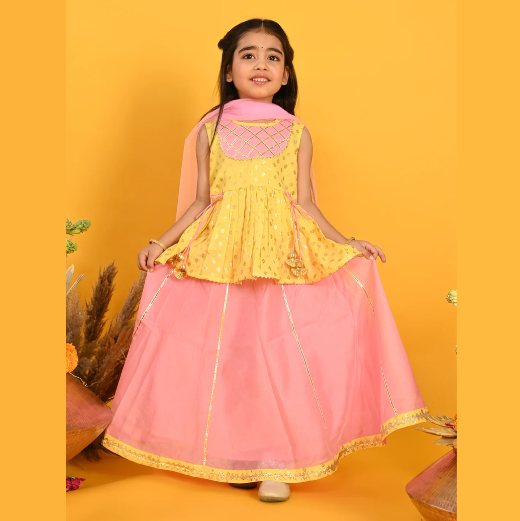 Girls Printed Lehenga Choli With Dupatta - Yellow & Pink - Mitthu Kids Ethnic Wear