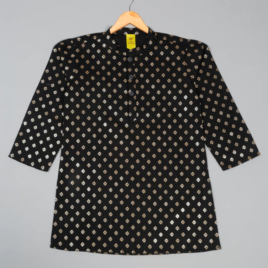 Boys Black Foil Printed Kurta And Beige Pajama - Mitthu Kids Ethnic Wear