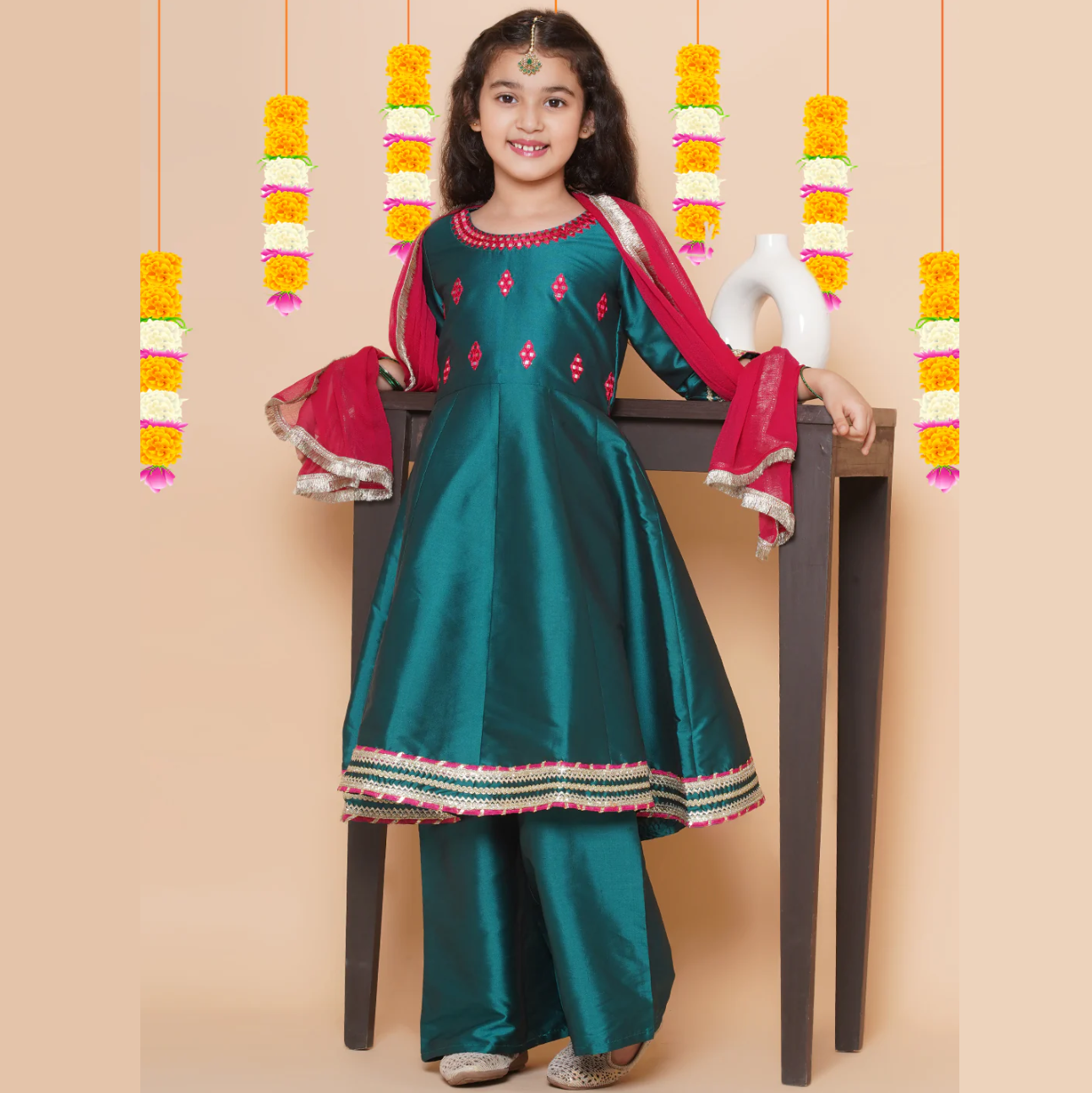 Girls Green Embroidered Round neck Flared Aanarkali Kurta with Palazzos With Dupatta - Mitthu Kids Ethnic Wear