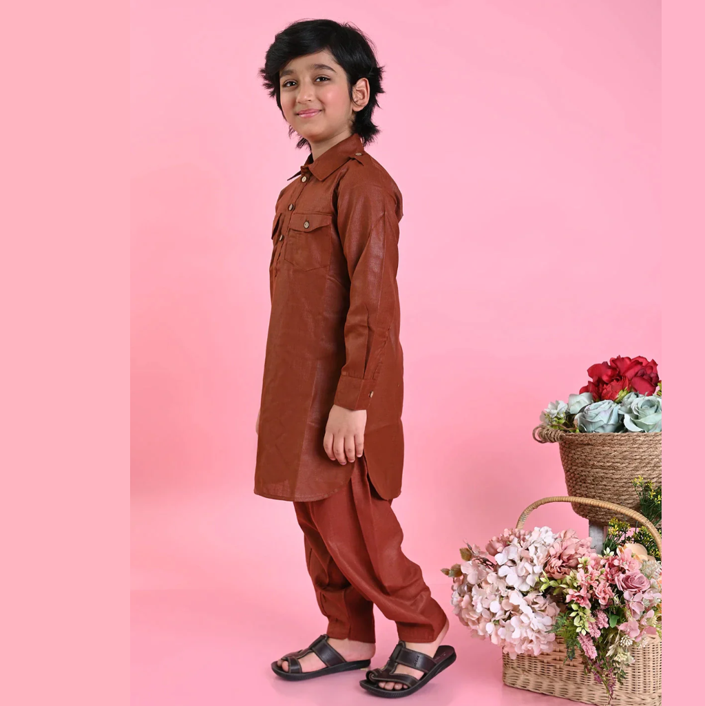 Boys Brown Cotton Pathani Kurta Set - Mitthu Kids Ethnic Wear