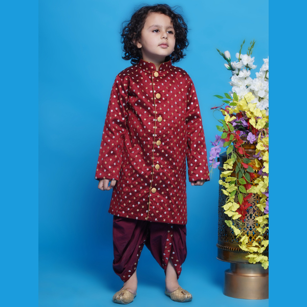 Chand Sitare Sherwani with Golden Buttons and Dhoti - Maroon - Mitthu Kids Ethnic Wear