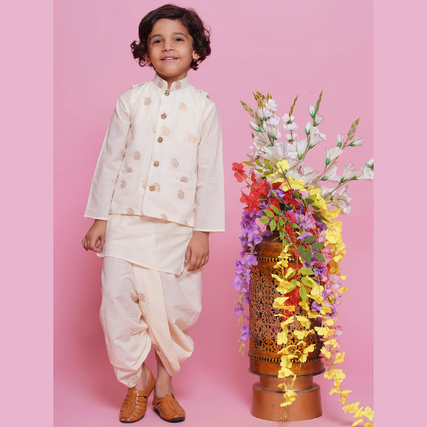 Boys Cotton Full Sleeves Ambi Embrodiery Nehru Jacket with Kurta and Dhoti - Cream - Mitthu Kids Ethnic Wear