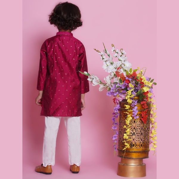 Cotton Silk Full Sleeves Zari Embroidered Kurta with Pyjama -Hot Pink - Mitthu Kids Ethnic Wear