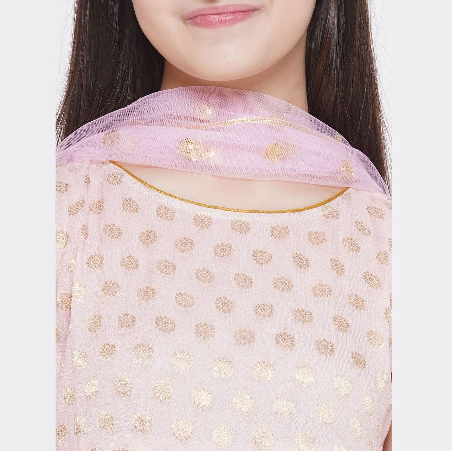 Banarsi Floral Work Frock Style Kurta With Golden Striped Sharara With Dupatta - Mitthu Kids Ethnic Wear