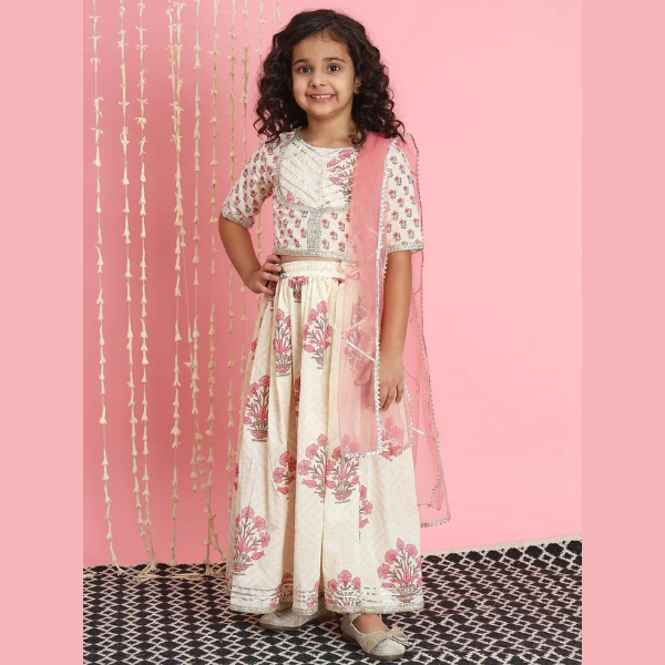 Straight Style Cotton Fabric Cream Color Lehenga Choli With Dupatta - Infant - Mitthu Kids Ethnic Wear