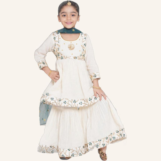 Off-White & Blue Sharara Set With Dupatta - Mitthu Kids Ethnic Wear