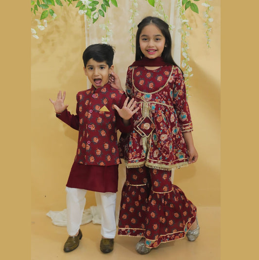 Boys Maroon Kurta, Pyjama with Printed Jacket - Mitthu Kids Ethnic Wear
