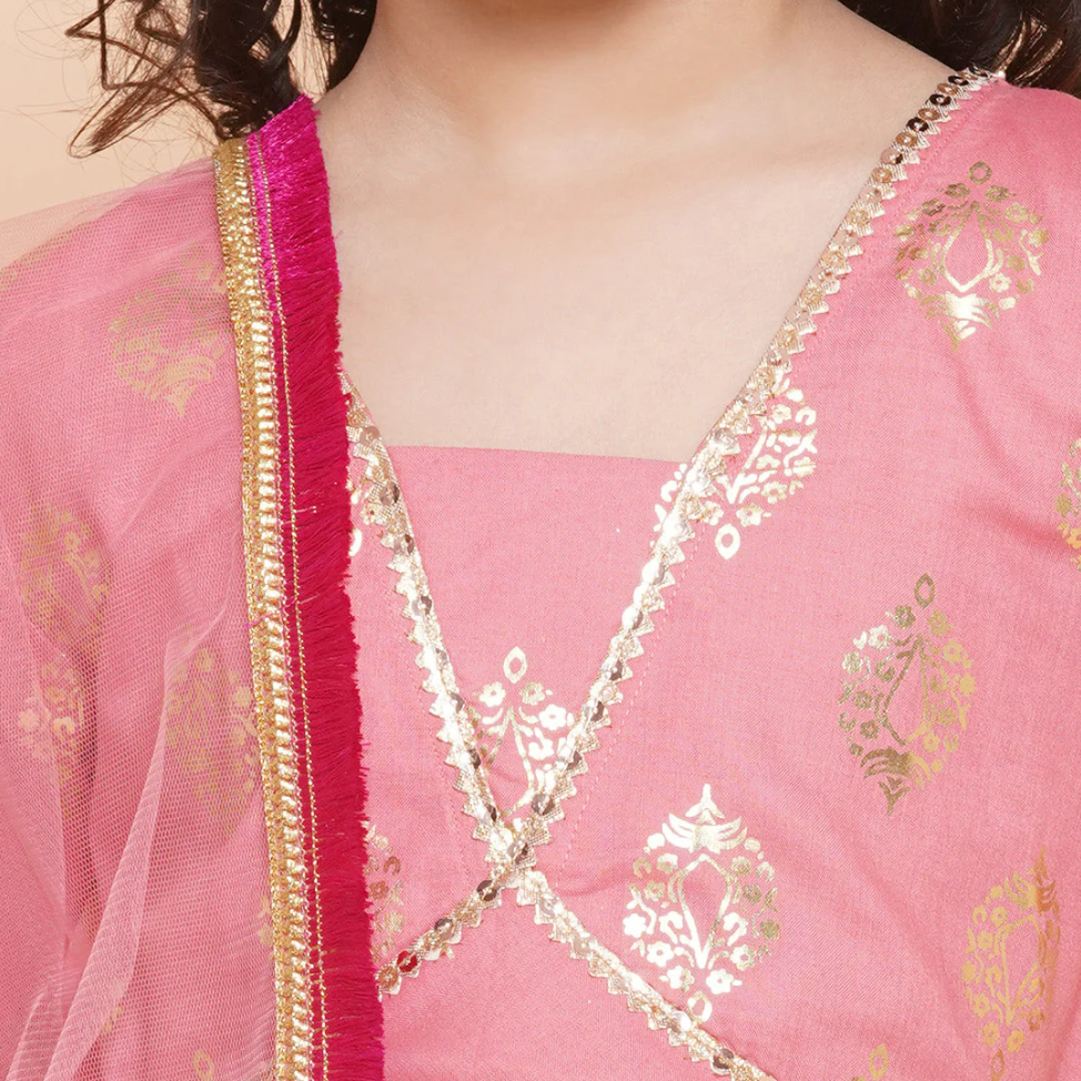Girls Peach Foil Printed Lace Work Lehenga,Choli With Dupatta - Mitthu Kids Ethnic Wear