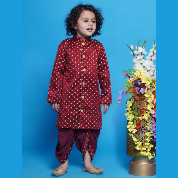 Chand Sitare Sherwani with Golden Buttons and Dhoti - Maroon - Mitthu Kids Ethnic Wear