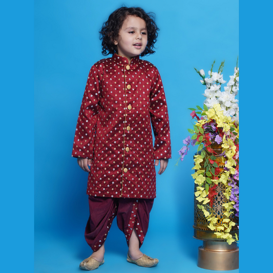 Chand Sitare Sherwani with Golden Buttons and Dhoti - Maroon - Mitthu Kids Ethnic Wear