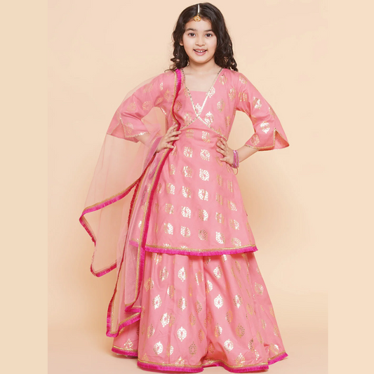 Girls Peach Foil Printed Lace Work Lehenga,Choli With Dupatta - Mitthu Kids Ethnic Wear