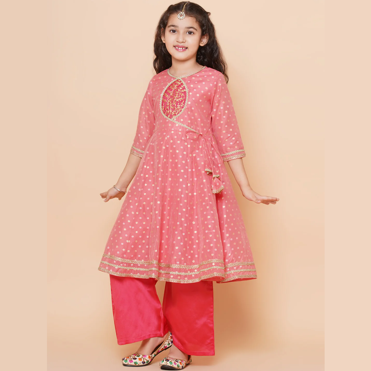 Girls Peach Self design Booti Angrakha Gotta Patti Kurta & with Trouser & Dupatta - Mitthu Kids Ethnic Wear