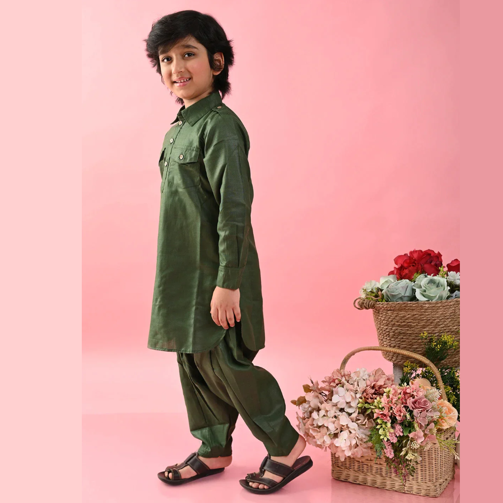 Boys Green Cotton Pathani Kurta Set - Mitthu Kids Ethnic Wear