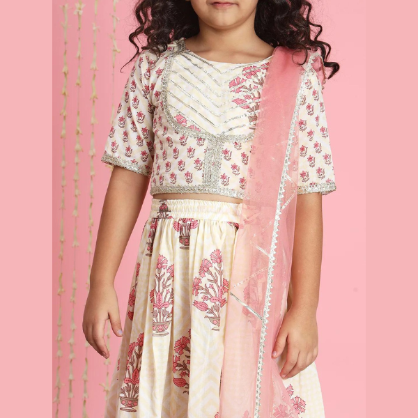Straight Style Cotton Fabric Cream Color Lehenga Choli With Dupatta - Mitthu Kids Ethnic Wear