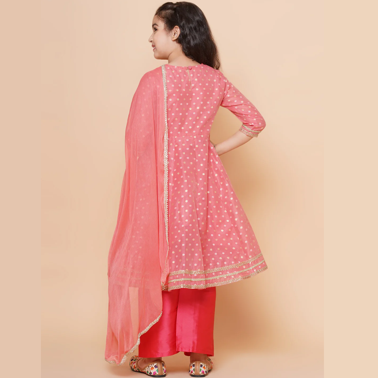 Girls Peach Self design Booti Angrakha Gotta Patti Kurta & with Trouser & Dupatta - Mitthu Kids Ethnic Wear