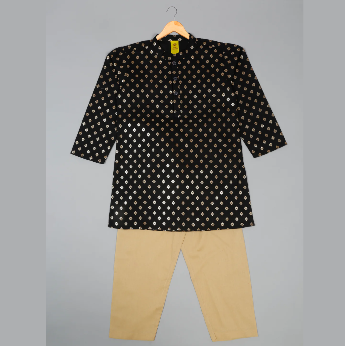 Boys Black Foil Printed Kurta And Beige Pajama - Mitthu Kids Ethnic Wear