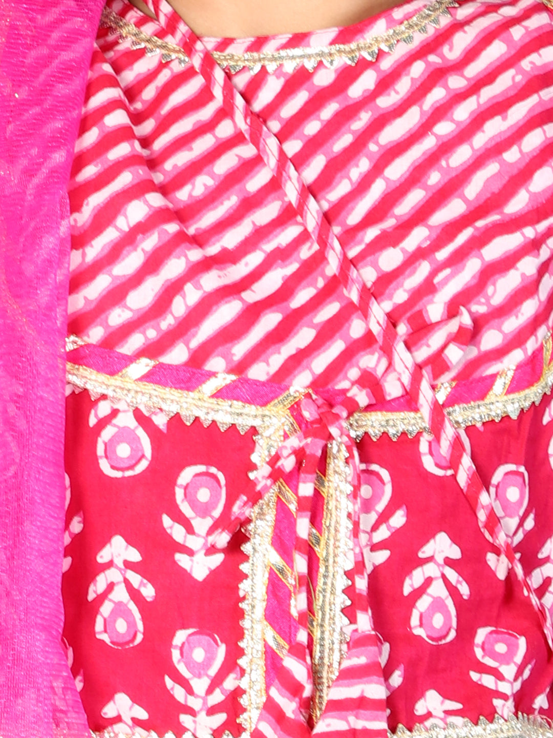 Bright Pink Baani Print Jaipuri Gotta Work Lehenga Choli & Dupatta - Mitthu Kids Ethnic Wear