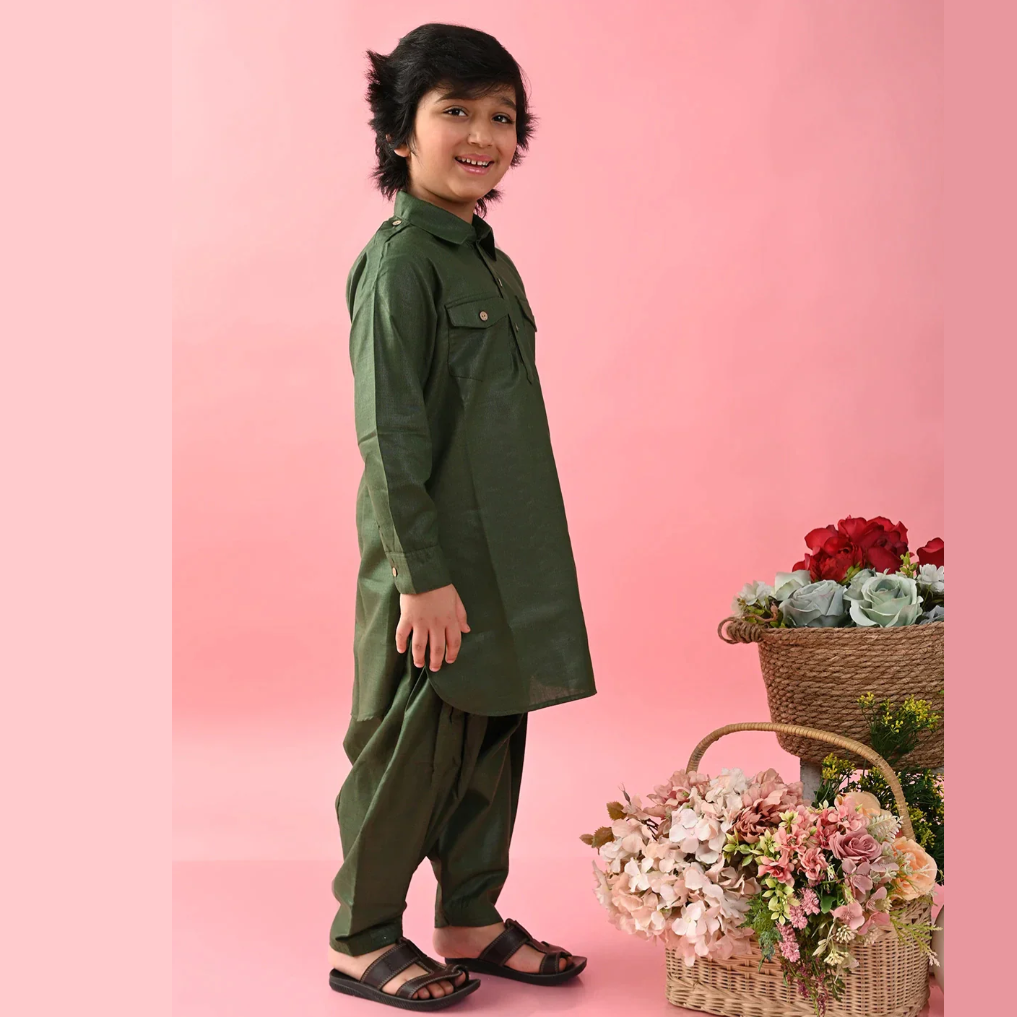 Boys Green Cotton Pathani Kurta Set - Mitthu Kids Ethnic Wear