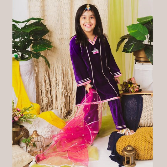 Girls Purple Velvet Kurta Pants with dupatta - Mitthu Kids Ethnic Wear