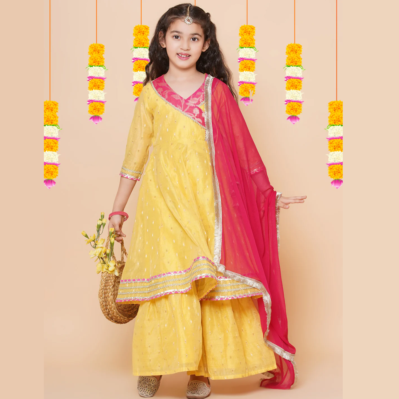Girls Yellow self design Angrakha Gotta Patti Kurta & Sharara set With Dupatta - Mitthu Kids Ethnic Wear