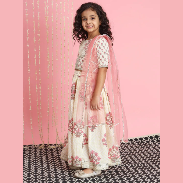 Straight Style Cotton Fabric Cream Color Lehenga Choli With Dupatta - Mitthu Kids Ethnic Wear