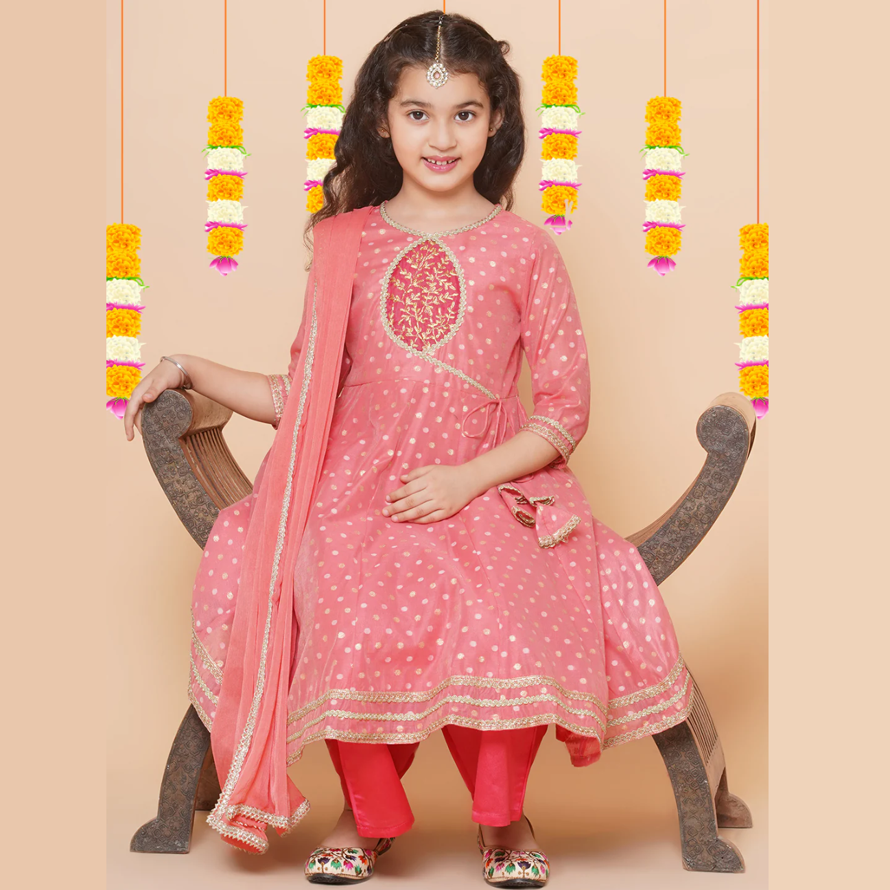 Girls Peach Self design Booti Angrakha Gotta Patti Kurta & with Trouser & Dupatta - Mitthu Kids Ethnic Wear