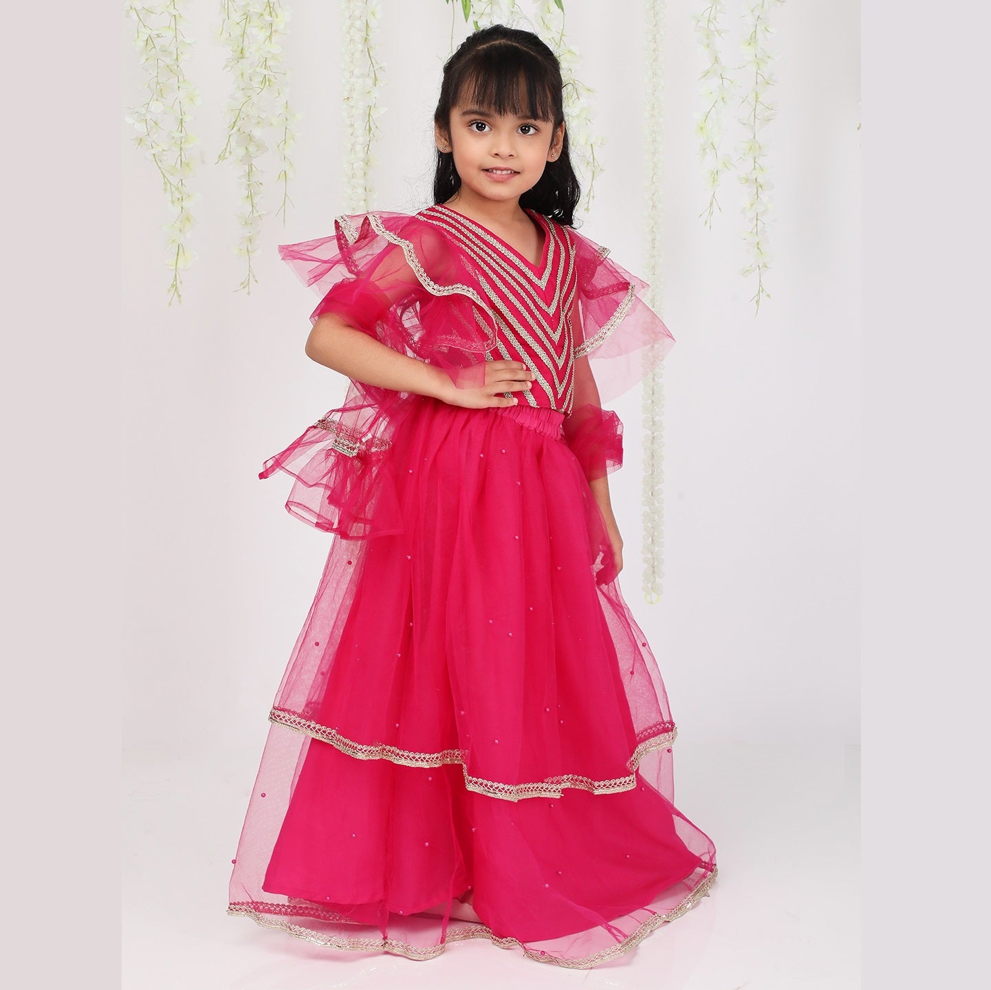 Hot Pink & Gold Choli With Lehenga  & Dupatta - Mitthu Kids Ethnic Wear
