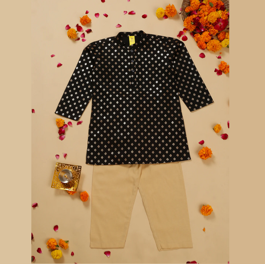 Boys Black Foil Printed Kurta And Beige Pajama - Mitthu Kids Ethnic Wear