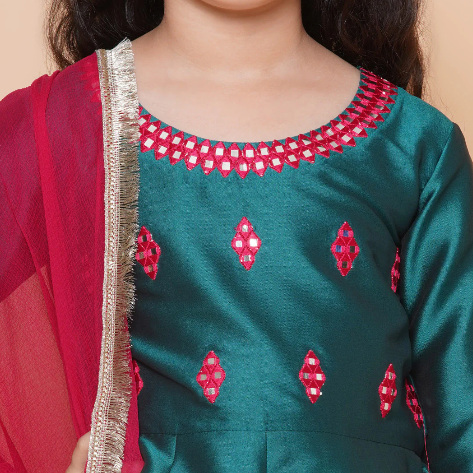 Girls Green Embroidered Round neck Flared Aanarkali Kurta with Palazzos With Dupatta - Mitthu Kids Ethnic Wear