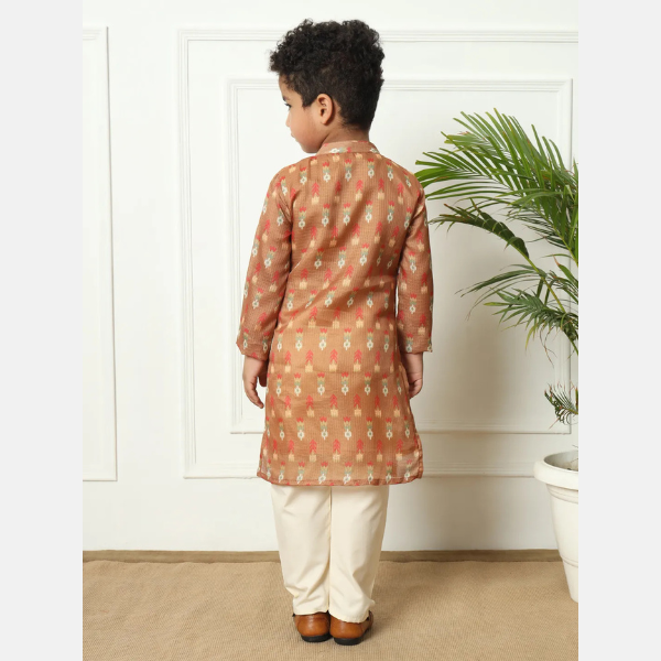 Boys Straight Style Kota Doria Fabric Brown Color Kurta and Pyjama With Attached Jacket - Mitthu Kids Ethnic Wear